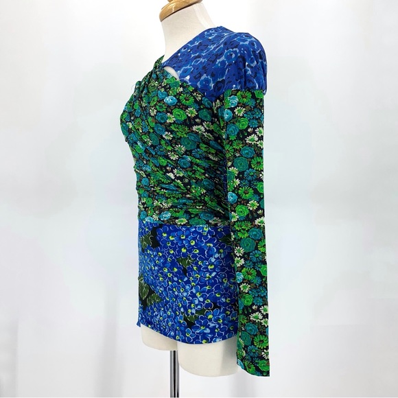 Zara NWOT Draped Blue and Green Printed Colour-blocked Long Sleeve Top, XS - Picture 3 of 16